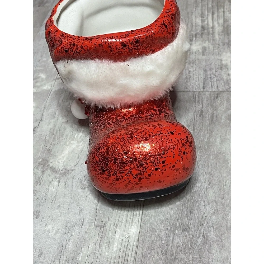 Vintage Christmas Red Santa Boot Planter‎ Green Holly